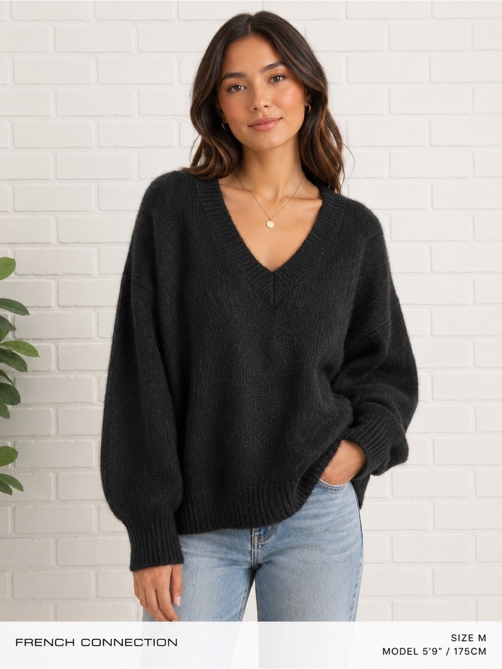 French Connection Black Fluffy Knit V-Neck Jumper sweater 100% Wool Size M